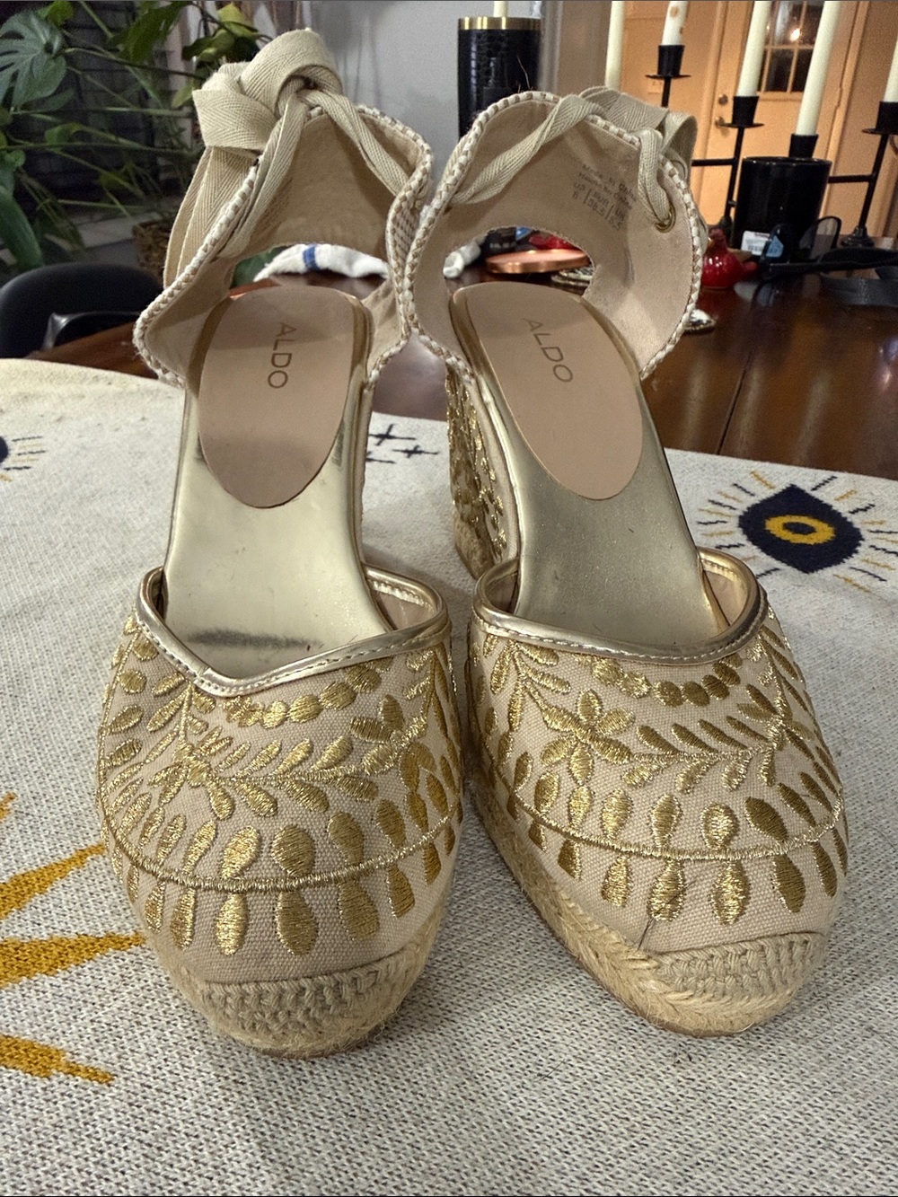 ALDO Gold Embroidered Espadrille Wedge Sandals with Ankle Tie